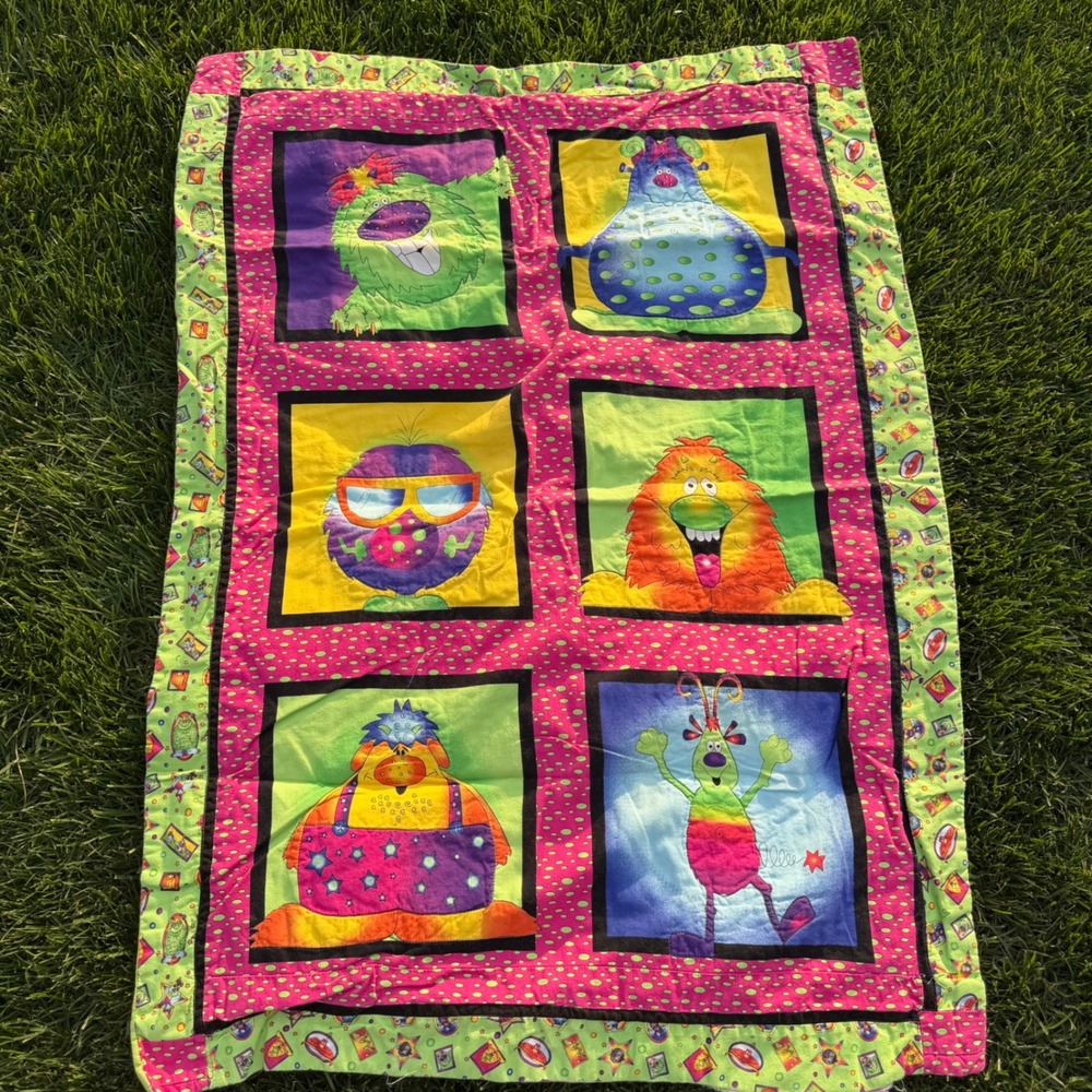 Handmade Monster Character Quilted Baby Blanket Colorful Striped Reverse 27x38